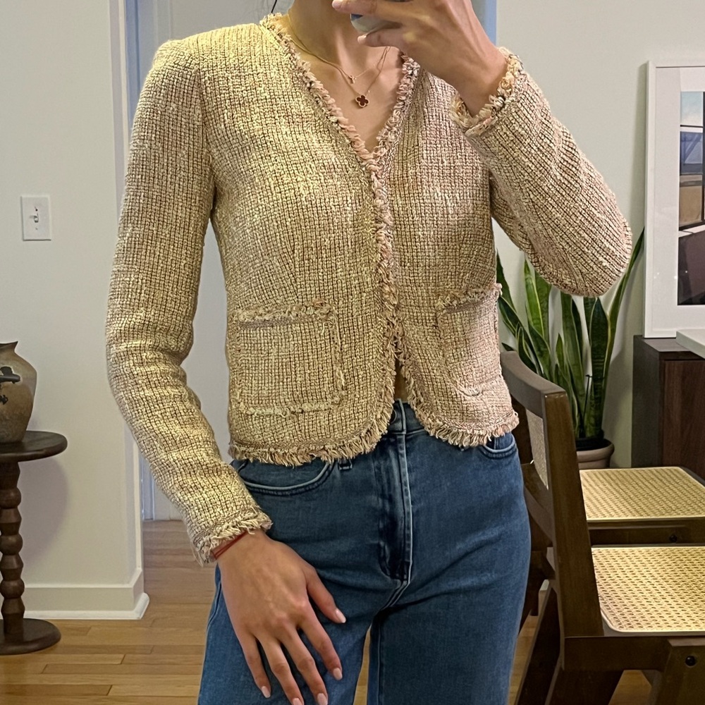 Rebecca Taylor Cream Textured Fringe Trim Blazer